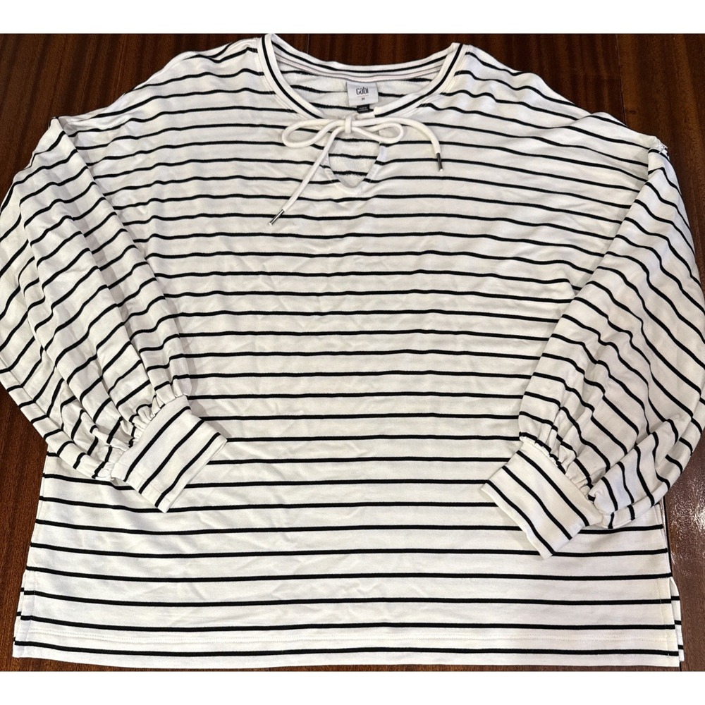 $145 CAbi Long Sleeve Pullover Knit Top. Medium Striped Oversized Tie Neck SOFT! - Picture 2 of 10